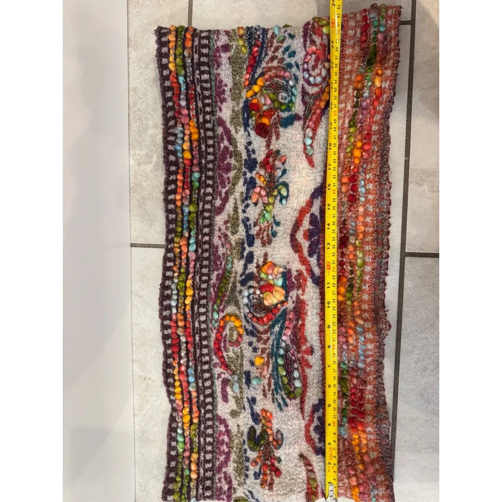 Anthropologie Wool Multi-Color Beaded Pom Pom Scarf Wrap boho art statement